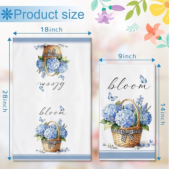 Hexagram Spring Kitchen Towels Sets of 2,Blue Flower Hand Towels for Bathroom 18x28 Inch, Spring Farmhouse Home Decorations