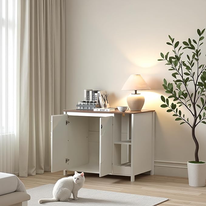Cat-Faced Litter Enclosure for Placing Cat Robot 3/4, Power Outlet for More Choices, Litter Collector and Dog-Proof Adjustable Shelf (Antique White)