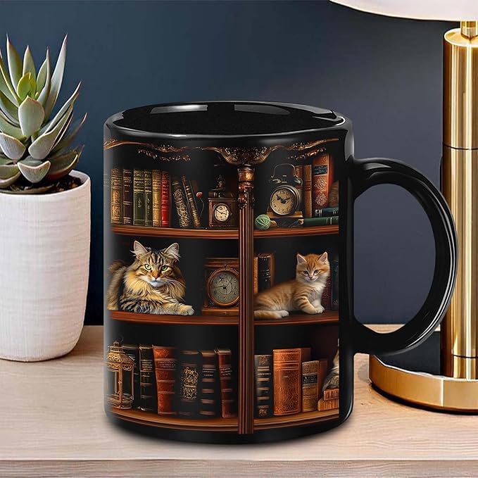 Book Lovers Gift - Bookshelf Gifts - Cat Book Mug - Bookish, Bookworm Gifts - Bookshelf Mug - Book Mug For Women, Reader, Librarian, Write - Birthday Gift Idea For Cat Lover, Owner Cat