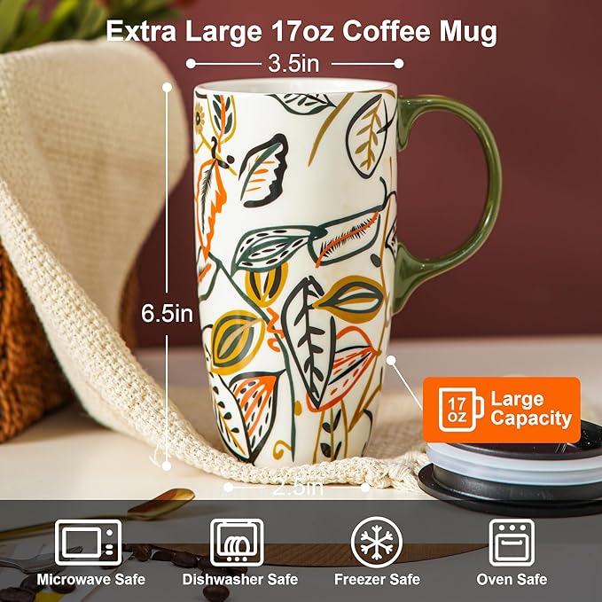 Topadorn 17oz Ceramic Coffee Travel Mug - Leak-Proof Lid, Handcrafted Leaf Pattern Tea & Latte Cup