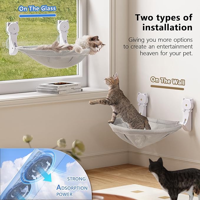 JUNSPOW Cat Window Perch Cordless, Glow in The Dark & Stable Cat Beds- Breathable Window Hammock for Overlooking, Sunbathing and Climbing - Maximum Hold Up to 40lb(Light Grey)