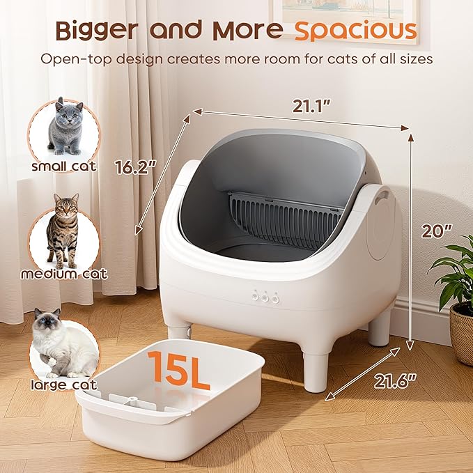 GUNJI Open-Top Cat Litter Box – Electric Auto-Cleaning System, Reliable Odor Management, Smart APP Support, 15L Large-Capacity Waste Bin, Trash Bags & Mat Included (Gray)