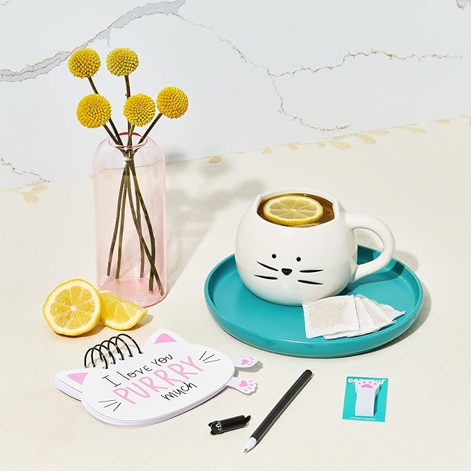 Thoughtfully Gourmet, Cat Mom Gift Set, Includes Cat-Shaped Ceramic Mug, 4 Chamomile Tea Bags, Cat-Shaped Notebook & Pen, and Paw-Shaped Sticky Notes