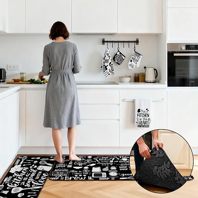10 PCS Farmhouse Kitchen Decor Sets 4 Black White Kitchen Dish Towels 2 Oven Mitts 2 Pot Holders 2 Rugs Mats Rustic Decorations Accessories for Cooking Baking Bathroom Home Housewarming Camp Mom Gift