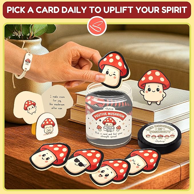 Stofinity Emotional Support Mushroom Gifts For Women - 60 Positive Mushroom Birthday Card, Mothers Day Gifts for Mom, Jar Of Daily Affirmation Cards For Women Desk Accessories