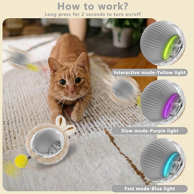 Moving Cat Toy Ball, Automatic Moving Toys for Indoor Cats, Smart Rolling Kitten Toys, Cat Self Rotating Balls with Lights, Recharge Interactive Kittens Balls with USB Cable, Gray