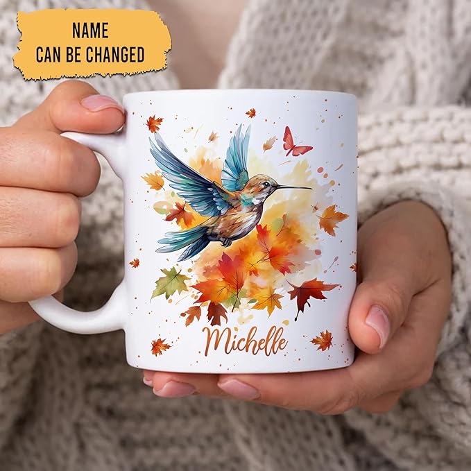 Hyturtle Personalized Fall Hummingbird Maple Leaves Mug - Birthday Gifts For Hummingbird Lovers - Fall Autumn Decor Gifts For Farmhouse Thanksgiving - Custom Name 11oz White Ceramic Coffee Tea Mug