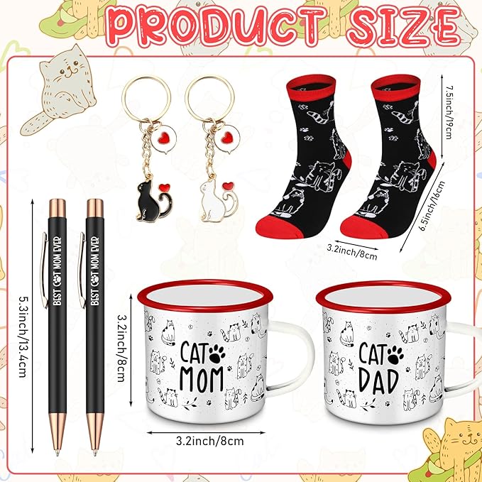 8 Pcs Cat Lover Gift Set Cat Mom and Dad Parent Gift with Mugs Socks Pens Keychains for Men Women Birthday Christmas