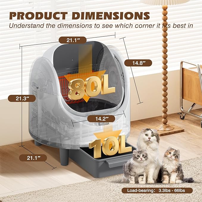 Grepatio Automatic Cat Litter Box for Multiple Cat, Open-Top Self Cleaning Cat Litter Box with APP Control, Safe Anti-Pinch, Weight Monitoring, Litter Box Include Scent Cartridge, 2-Roll Garbage Bags