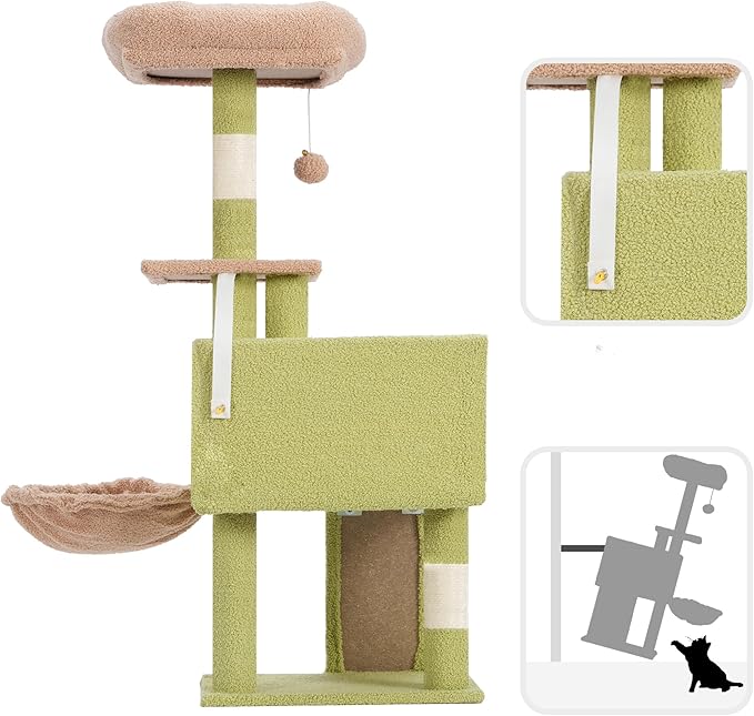 Gitelsnour Cat Tree, 42.1" Cat Tower for Indoor Kittens with Scratching Board and Posts, Multi-Level Cozy Cat Condo with 2 Perches, Hammock, Balls, Green and Yellow GCT005SGY