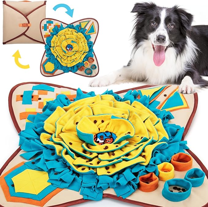 AWOOF Pet Snuffle Mat for Dogs, Interactive Feed Game for Boredom, Encourages Natural Foraging Skills for Cats Dogs Bowl Travel Use, Dog Treat Dispenser Indoor Outdoor Stress Relief (Khaki)