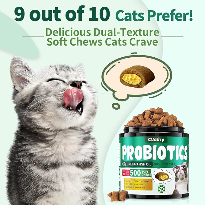 Cat Probiotics Treats for Digestive & Gut Support - 500 Crunchy & Creamy Cat Snacks - Cat Gut Health, Constipation Relief, Healthy Stool, Natural Supplement for Cats, Chicken Flavor (90-Day Supply)
