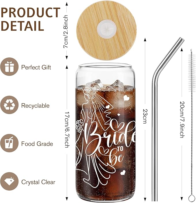 Joeyan Bride To Be Glass Cup with Lid and Straw - Iced Coffee Cups with Positive Crochet Bunny, Bridal Shower Gift, Wedding Themed Glass Tumbler for Smoothie Boba Tea, Engagement Gifts for Future Mrs