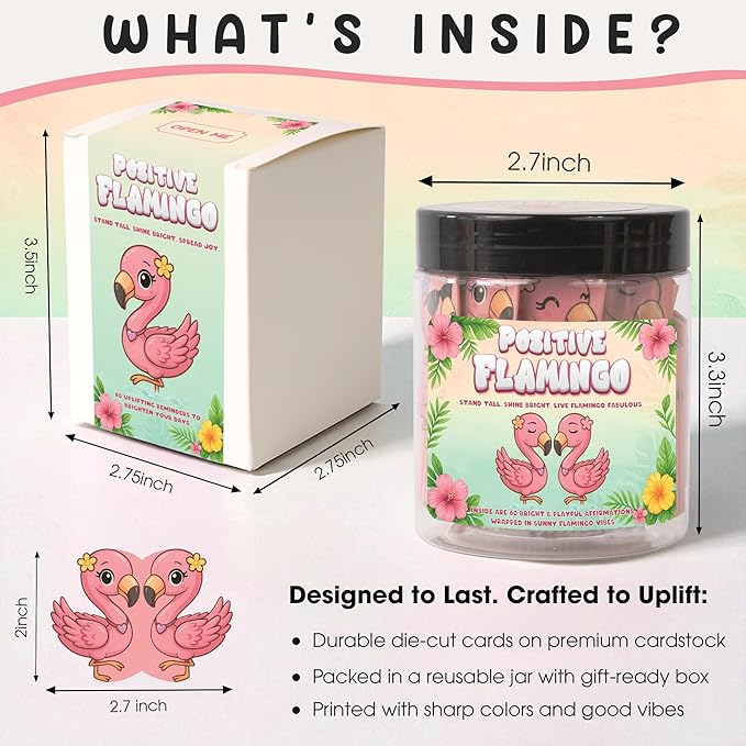 Miarita Positive Flamingo Jar – 60 Affirmation Cards for Anxiety & Self Care, Flamingo Gifts for Women, Teens & Sister, Friends, Cards to Reduce Anxiety & Increase Relaxation, White Elephant Gifts