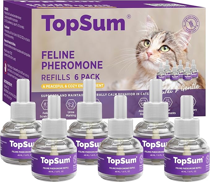 TopSum Cat Calming Diffuser Refills: Pheromone Refill for Cats, Long-Lasting 6-Month Supply, Compatible with Most Diffusers, 6 Pack (Purple)