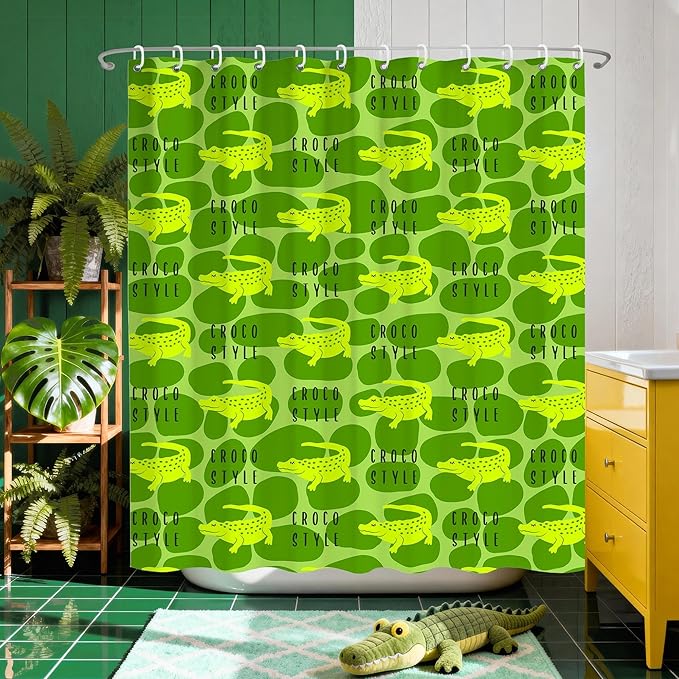 Cartoon Crocodile Shower Curtain,Green Cute Wild Animals Shower Curtains,Funny Waterproof Polyester Crocodile Bathroom Decor Accessories,72x72 in