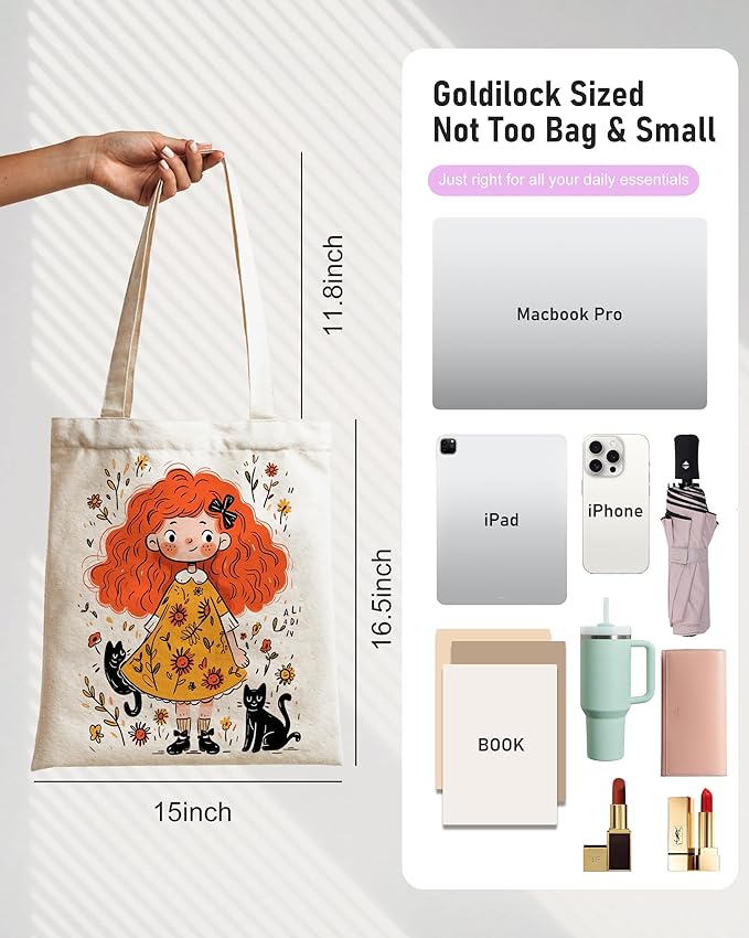 DYALE Canvas Tote Bag Double-Sided Prints with Snap Closure, Cute Tote Bag with Pocket for Shopping, Library, Work, Travel
