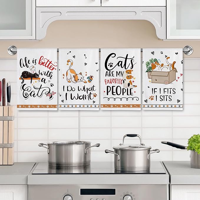 Hexagram Cat Kitchen Towels Set of 4, Cat Lover Gifts for Women, Funny Cute Housewarming Dish Hand Towels for Home Kitchen Decor