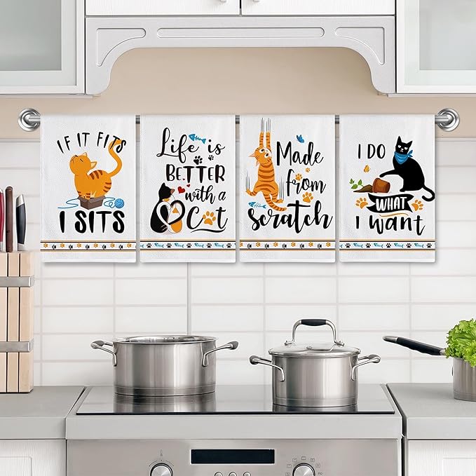 pinata Cat Lover Gifts for Women, Cat Kitchen Towels Set of 4, Cute Funny Housewarming Dish Hand Towels for Home Kitchen Decor
