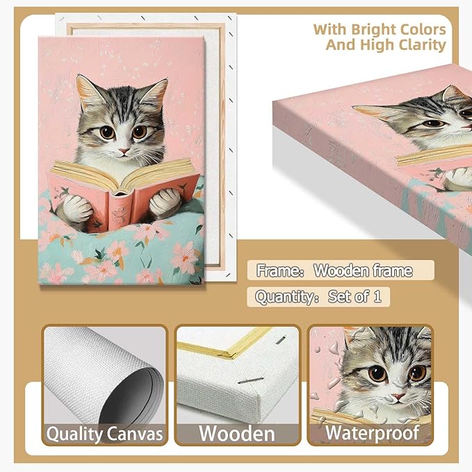 Vintage Cat In Bed Canvas Wall Art Funny Cute Cats Reading Books Poster Retro Pink Girls Room Pet Animal Aesthetic Prints Painting For Home Bedroom Kids Room Dorm Wall Decor 12x16in Framed