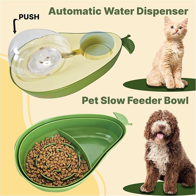 Cat Food and Water Bowl – Avocado Cat Bowl with Water Dispenser Pet Bowl& Small Dogs, Non-Spill, Anti-Choke, Eco-Friendly Dog Feeding Bowl Water Fountain 3-in-1 (Gray&White)