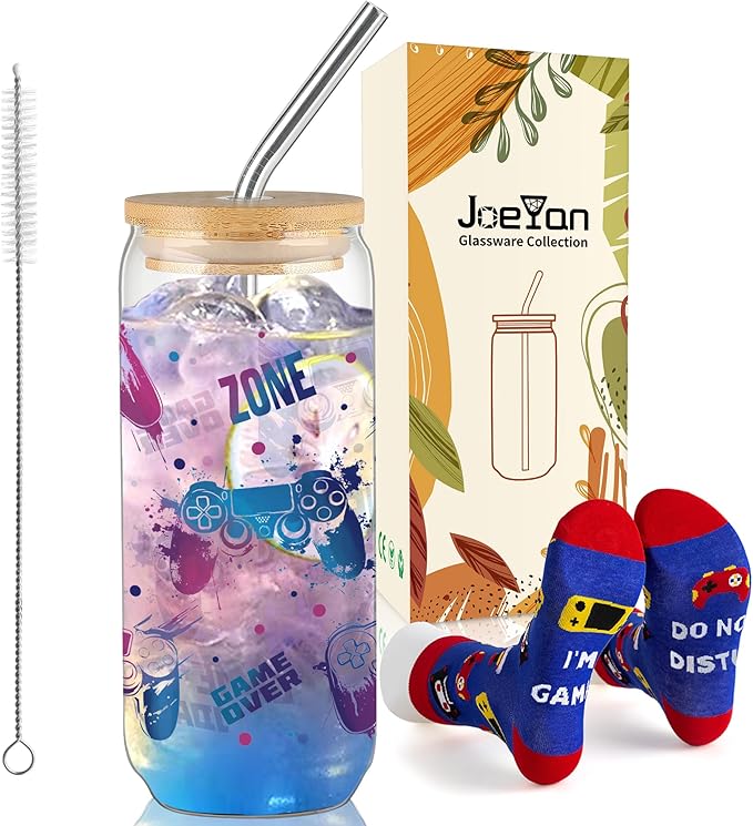 Joeyan Glass Cup with Lid and Straw - 20oz Iced Coffee Cup with Gaming Socks, Gamer Gifts for Men, Video Game Themed Glass Tumbler for Smoothie Boba Tea, Funny Gaming Gifts for Boyfriend Son Gamers