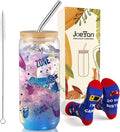 Joeyan Glass Cup with Lid and Straw - 20oz Iced Coffee Cup with Gaming Socks, Gamer Gifts for Men, Video Game Themed Glass Tumbler for Smoothie Boba Tea, Funny Gaming Gifts for Boyfriend Son Gamers