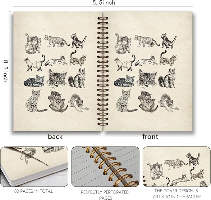 Vintage Cute Cats Animal Journal Notebook,Aesthetic Cats Spiral Notebook for Teen Girls School Office Supplies,Cats Lovers Lady Women Gifts Journal for School Office 5.5X8.3 Inch
