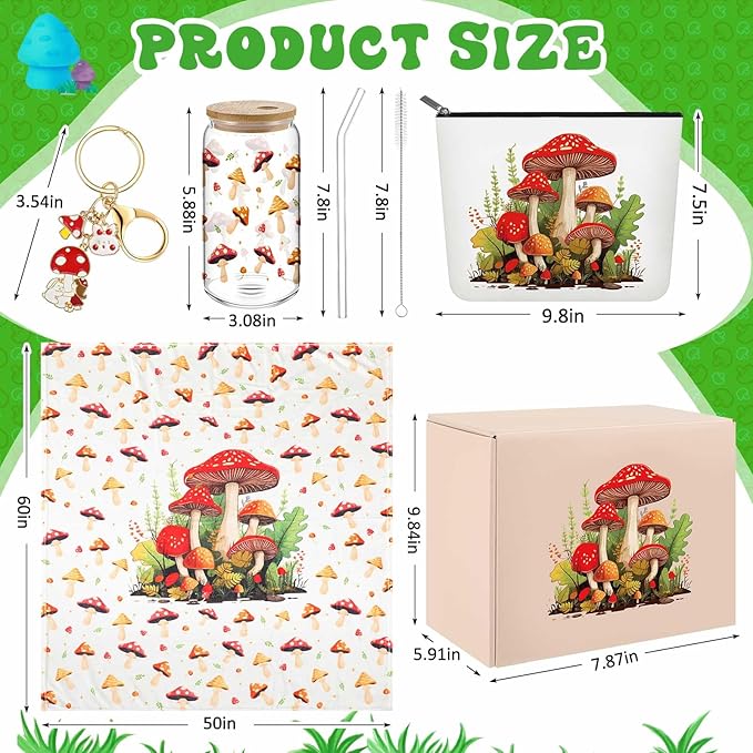 Paterr 6 Pcs Mushroom Themed Gifts for Women Christmas Canvas Tote Bag Makeup Bag Print Blanket Socks 16oz Glass Coffee Cup with Straw Cute Keychain for Christmas Birthday Girls Daughters Sister