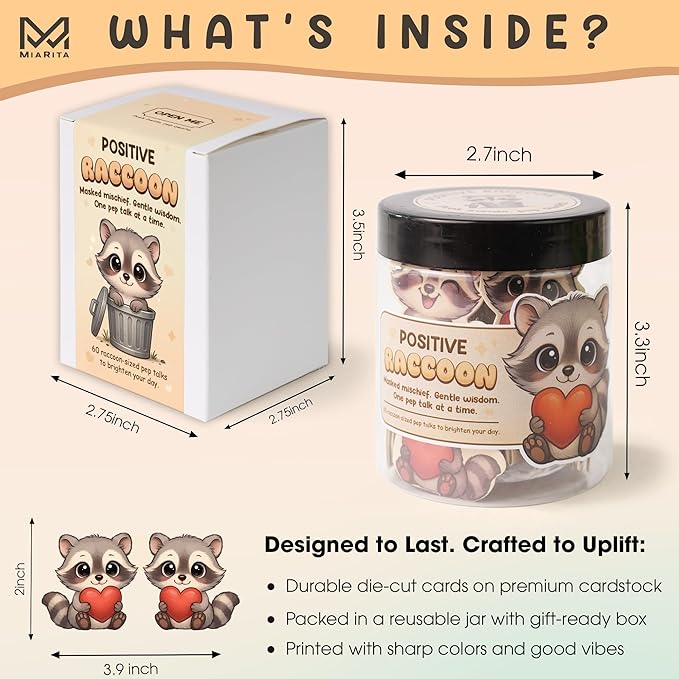 Miarita Positive Raccoon Jar – 60 Positive Affirmation Cards for Women, Mindfulness Cards, Stress Relief & Self Care Gifts for Women, Teen Girl, Birthday Gift for Her, Friendship Gift, Raccoon Gifts