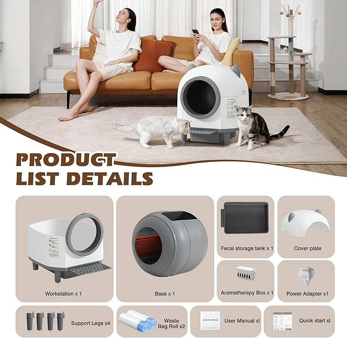 Grepatio Automatic Cat Litter Box, Self Cleaning Litter Box for Multiple Cat, APP Control, Safe Anti-Pinch, Weight Monitoring, Smart Cat Litter Box Includes Scent Cartridge, 2-Roll Garbage Bags