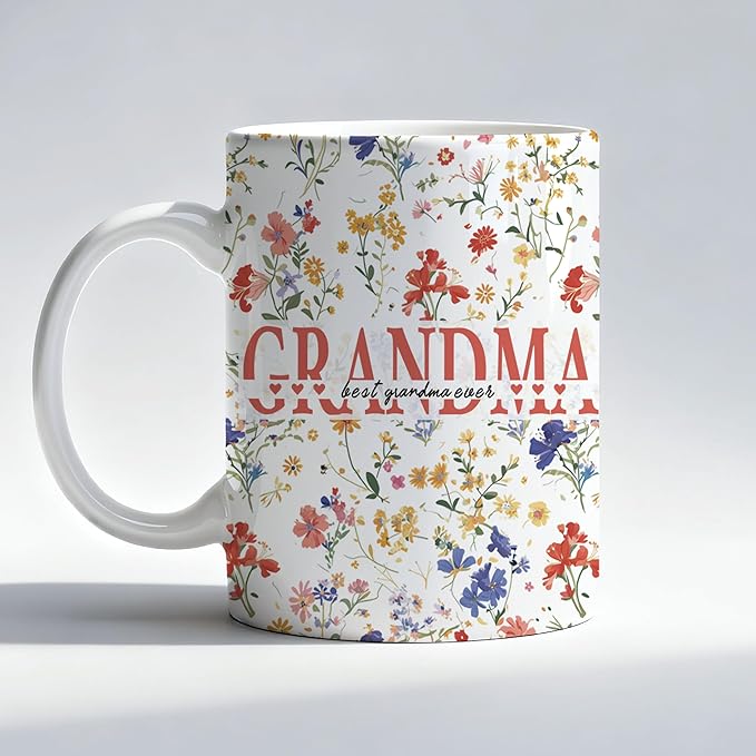 Best Grandma Ever Mug, Grandma Gifts from Grandkids Coffee Cup, Grandmother Gifts for Birthday Christmas Mother's Day, Wildflower Grandmother Ceramic Coffee Mug 11 oz
