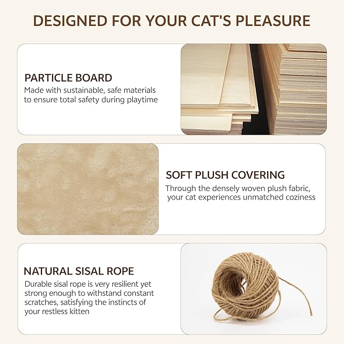 Cat Wall Shelves, Wall Mounted Cat Shelf Furniture with Plush Fabric (9 Piece Set), Cats Furniture with Condos, House, Steps, Bridge Ladder, Scratching Post, Beige