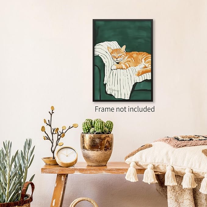 Sleeping Orange Cat poster Green Aesthetic Wall Art Preppy Funky Cute Animal Canvas Painting Gift For Cat Lover for Cozy Room Wall Decor 08x10 inch Unframed