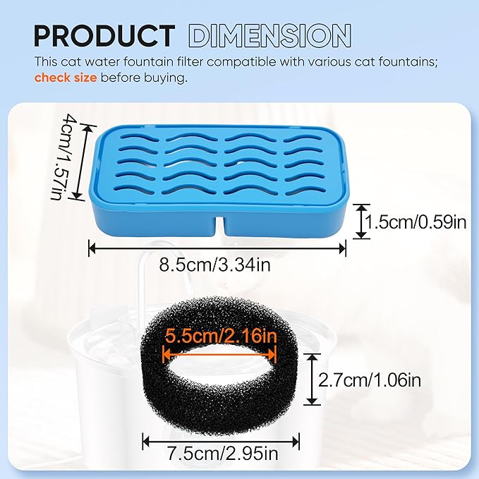 PETCHO 6-Pack Cat Water Fountain Filters Compatible with AONBOY Stainless Steel Cat Water Fountain, Activated Carbon & Resin, Multiple Filtration Isolates Floating Hairs