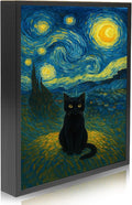 Madewell Living Van Gogh Starry Night with Funny Cat Framed Canvas Print Wall Art - Ready to Hang, Waterproof Living Room & Bedroom Decor