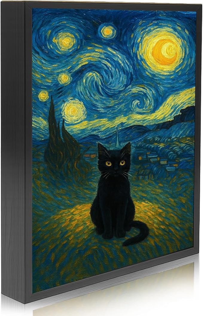 Madewell Living Van Gogh Starry Night with Funny Cat Framed Canvas Print Wall Art - Ready to Hang, Waterproof Living Room & Bedroom Decor