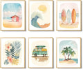 Beach Nursery Poster, Set of 6 Ocean Kids Wall Art Watercolor Summer Surf Wall Decor Beachy Boys Room Decor Funny Teen Coastal Surfboard Canvas Prints Aesthetic Unframed 12x16 inch