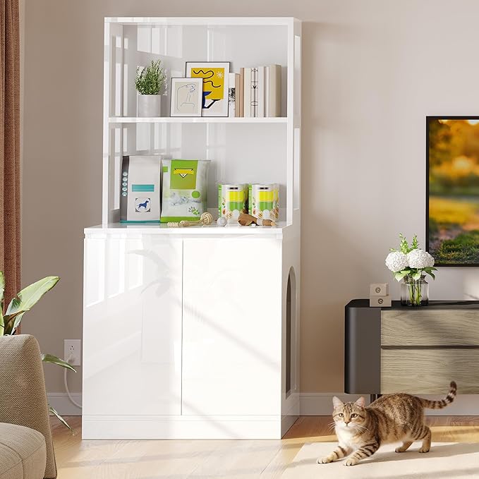DWVO Large Hidden Litter Box Furniture with Shelves & Charging Station, High-Gloss Modern Cat Litters Box Enclosure for Self-Cleaning Litter Boxes, Wooden Secret Cat Cabinet, White