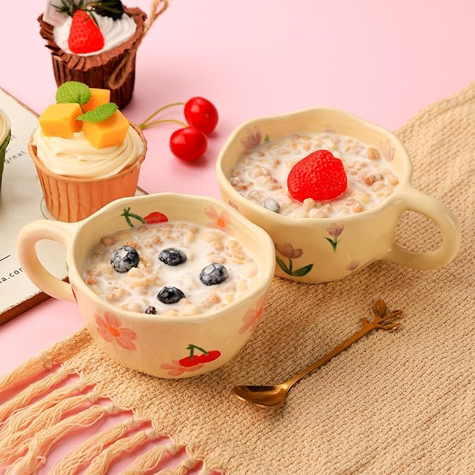VanEnjoy Ceramic Cup, Cute Coffee Mug, Strawberry Mug, Aesthetic Coffee Mug, Retro Flower Mug, Ceramic Tea, 10oz/300ml for Tea Coffee, Milk and Oatmeal