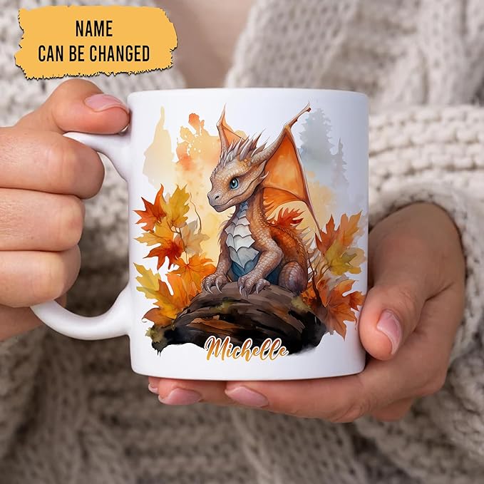 Hyturtle Personalized Fall Dragon Maple Leaves Coffee Mug - Birthday Gifts For Dragon Lovers - Fall Autumn Decor Gifts For Farmhouse Thanksgiving - Custom Name 11oz White Ceramic Coffee Tea Mug