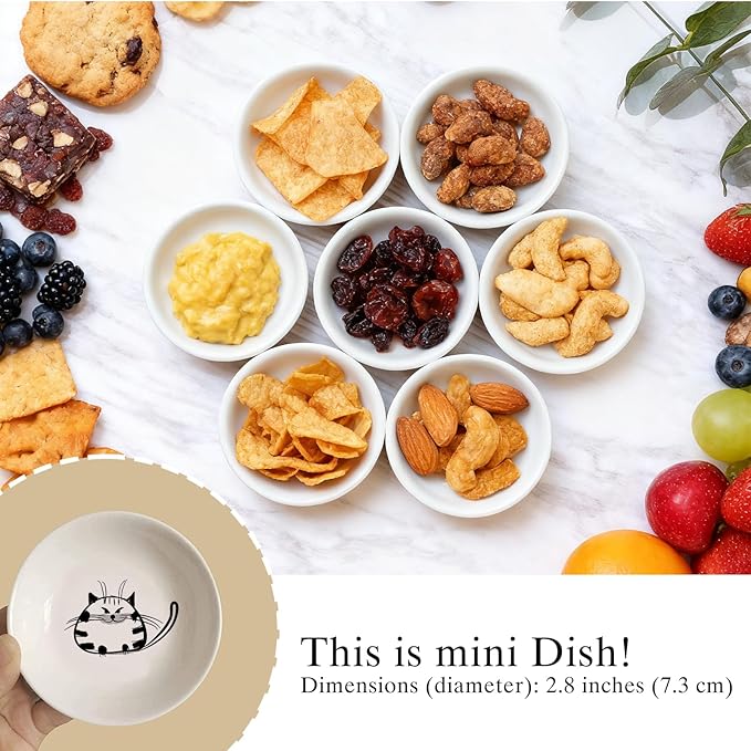 BigNoseDeer Super Cute Cat Ceramic Sauce Dish,Mini Side Seasoning Dish,Condiment Dishes,Sushi Soy Dipping Bowl,Snack Serving Dishes,Meow Porcelain Small Saucer Set(Set of 6)