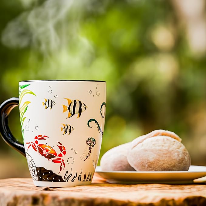Color Changing Octopus Coffee Mug 12oz – Heat Sensitive Ceramic Cup with Ocean Reef & Coral Design, Coastal Beach Theme Mug, Unique Christmas Holiday Birthday Gift for Octopus Lovers, Men & Women