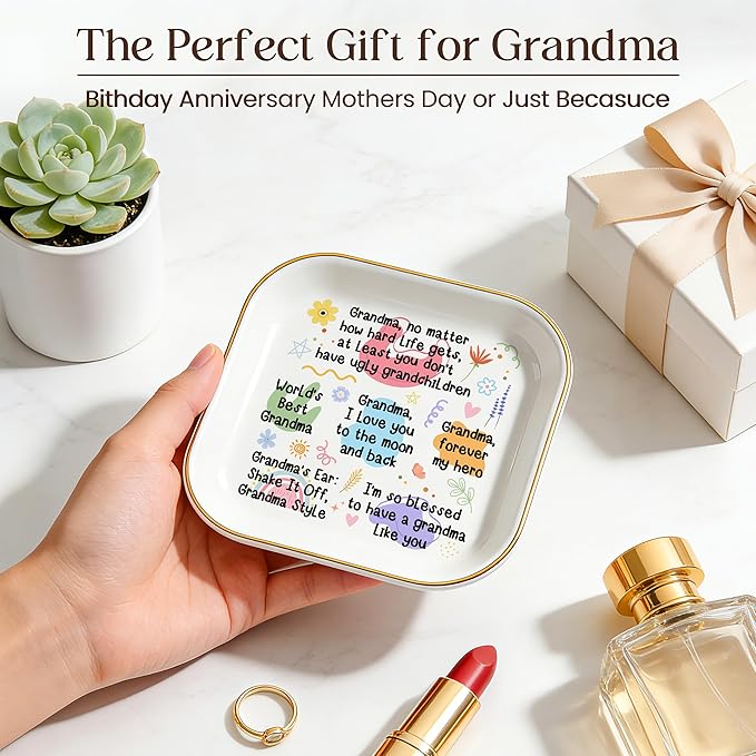 PUDDING CABIN Grandma Gifts: Jewelry Dish - At Least You Don't Have Ugly Grandchildren - Sentimental Gifts for Grandma Mother’s Day, Birthday, Christmas & Wedding