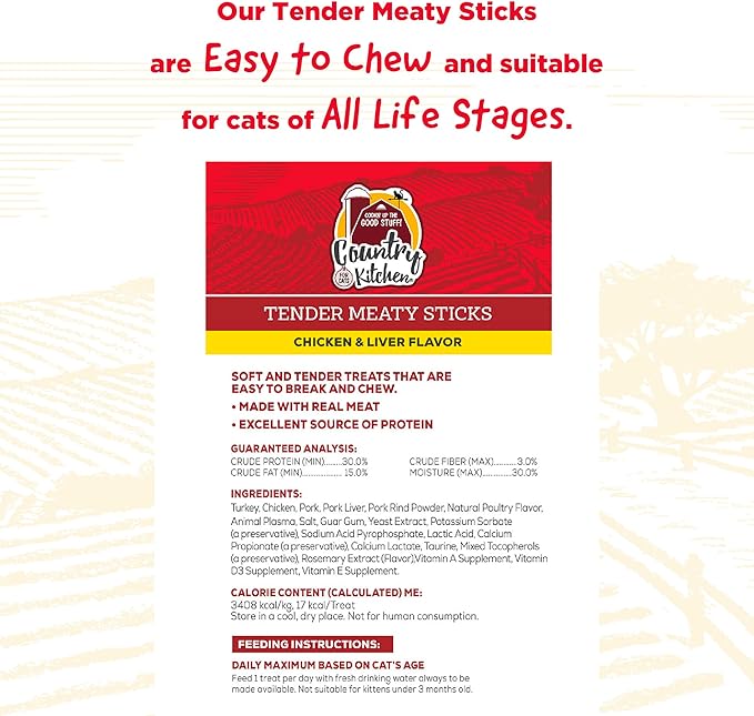 Country Kitchen Chicken & Liver Tender Meaty Sticks Cat Treats, High in Protein, Easy to Break and Chew, 0.88 Oz, 5 Count (Pack of 5)