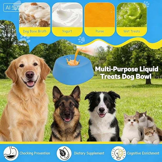 Slow Feeder Dog Bowl with Ball, Anti-Slip for Dogs Cats, Interactive Licking Toy for Liquid Treats Yogurt Bone Broth, Puppy Post Surgery Feeding Supplies (Blue)