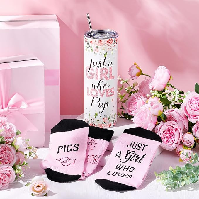 Funnymoom 2 Pack Cute Pig Gifts Set Skinny Tumbler 20 oz Travel Coffee Mug Novelty Cute Animals Socks, Christmas Birthday Party Gifts for Little Pig Themed