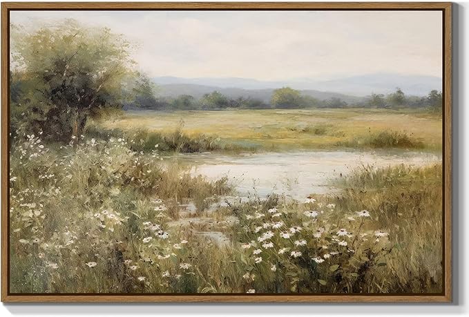 Vintage Landscape Wall Art Spring Wildflower Field Pictures Wall Decor Rustic River Pond Painting Prints Nature Wilderness Scenery Poster Framed for Bedroom Bathroom Home Kitchen Decoration 16x24 Inch