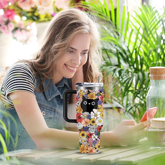 Cat Lover Gifts, Flower Bushes and Black Cats Tumbler 40Oz, Christmas Birthday Gift for Cats Lovers Women Cup Vintage Flowers Aesthetic Cute Cat Themed Stuff Funny Coffee Cup