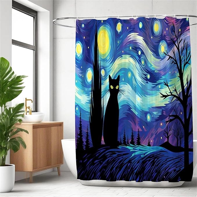 The Starry Night Shower Curtain Wall Decor,Funny Black Cat Shower Curtains for Bathroom,Cats Lovers Gifts,Aesthetic Waterproof Polyester Bath Art Decorative,72x72 in